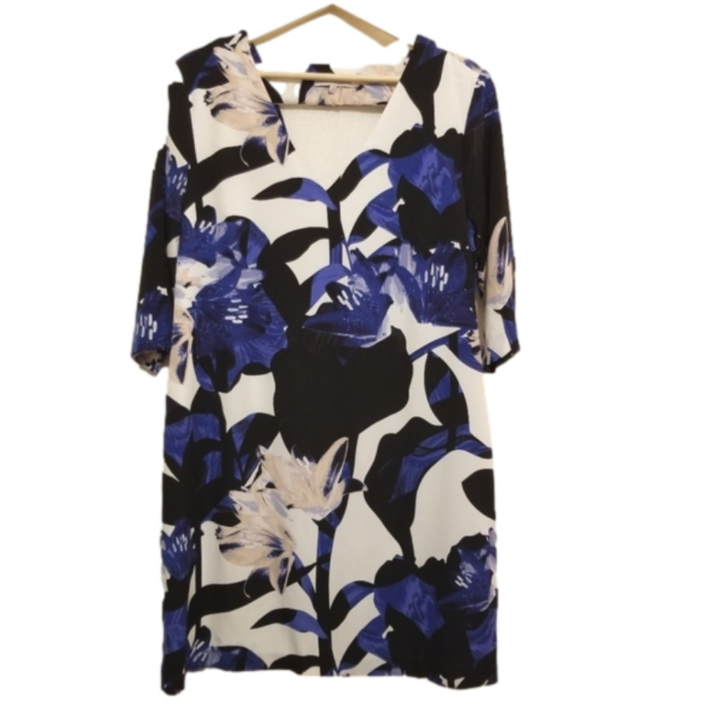 1. State Medium blue white floral Shift dress V-neck Party 3/4‎ sleeves